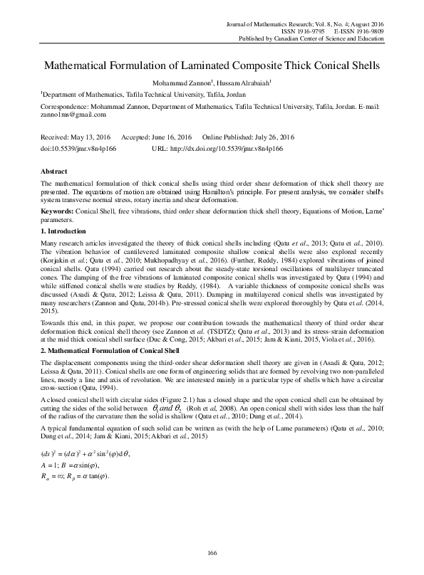 (PDF) Mathematical Formulation of Laminated Composite Thick Conical Shells