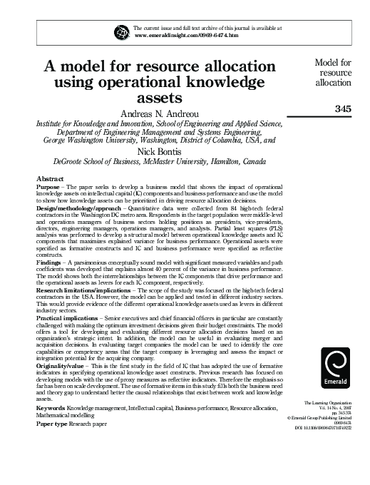 (PDF) A model for resource allocation using operational knowledge assets