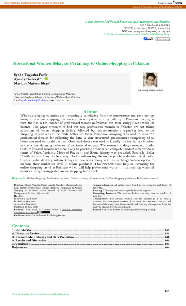 (PDF) Professional Women Behavior Pertaining to Online Shopping in Pakistan