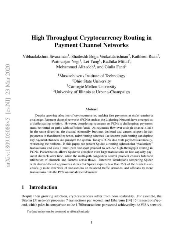 (PDF) High Throughput Cryptocurrency Routing in Payment Channel Networks