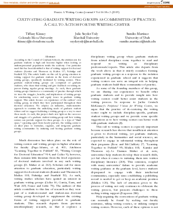 (PDF) Cultivating Graduate Writing Groups as Communities of Practice: A ...