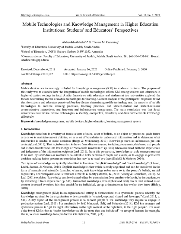 (PDF) Mobile Technologies and Knowledge Management in Higher Education ...