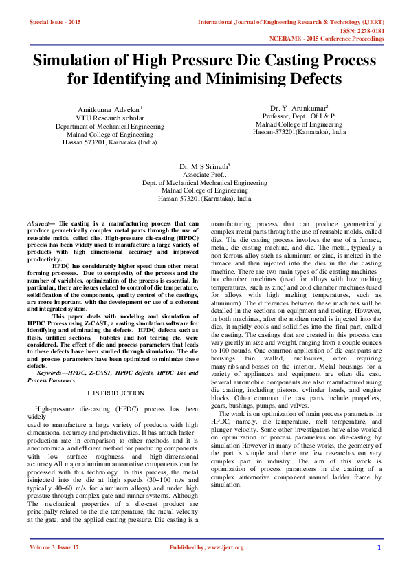 (PDF) Simulation of High Pressure Die Casting Process for Identifying ...