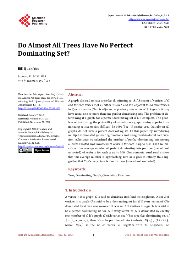 (PDF) Do Almost All Trees Have No Perfect Dominating Set?