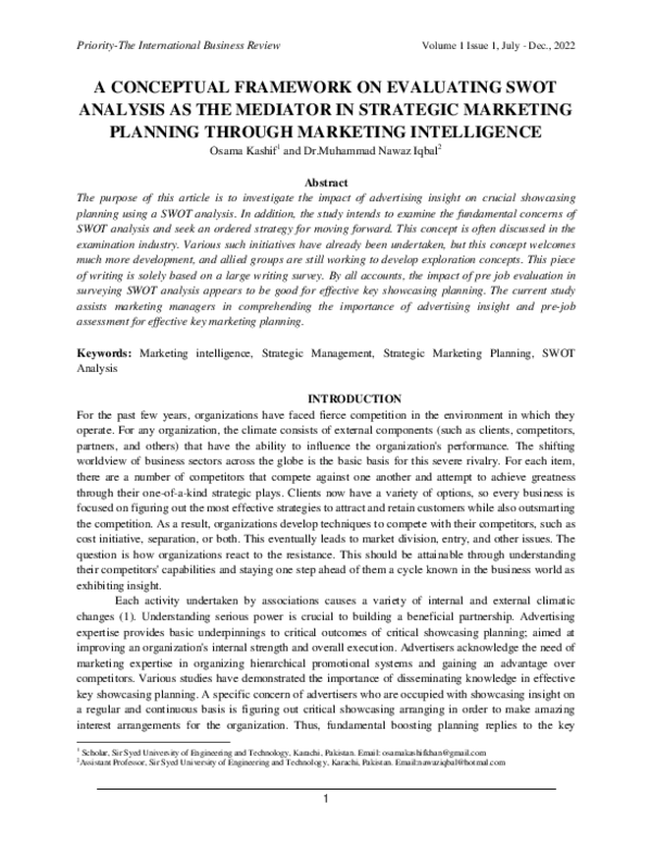 (PDF) A CONCEPTUAL FRAMEWORK ON EVALUATING SWOT ANALYSIS AS THE ...