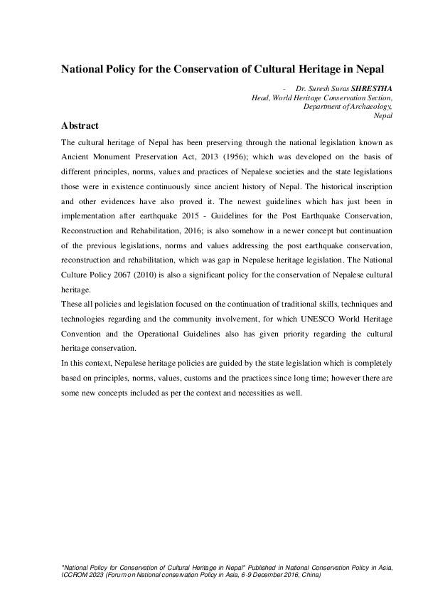 (PDF) National Policy for the Conservation of Cultural Heritage in Nepal