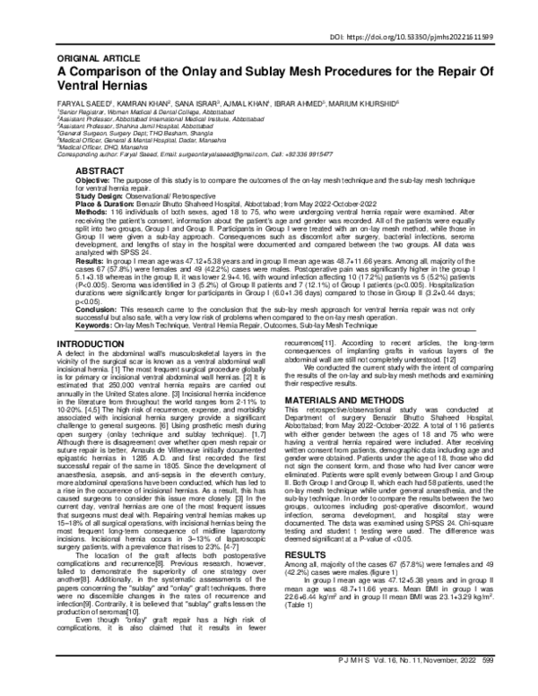 (PDF) A Comparison of the Onlay and Sublay Mesh Procedures for the ...