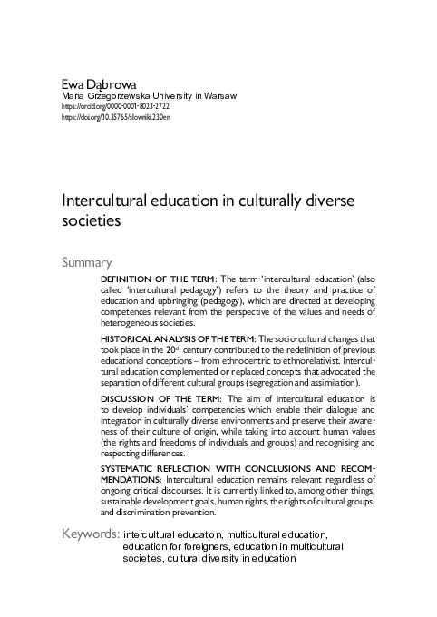(PDF) Intercultural education in culturally diverse societies