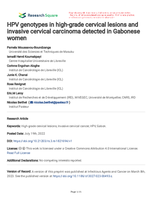(PDF) HPV genotypes in high-grade cervical lesions and invasive ...