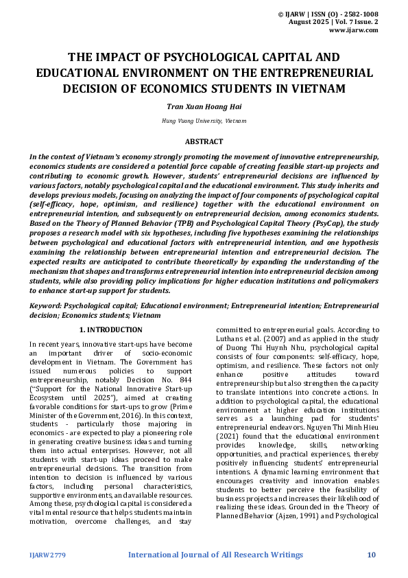 (PDF) THE IMPACT OF PSYCHOLOGICAL CAPITAL AND EDUCATIONAL ENVIRONMENT ...