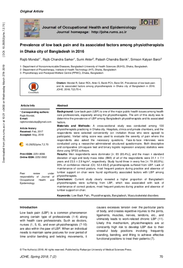 (PDF) Prevalence of low back pain and its associated factors among ...