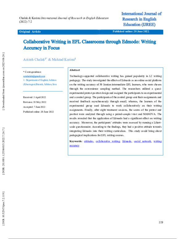 (PDF) Collaborative Writing in EFL Classrooms through Edmodo: Writing ...
