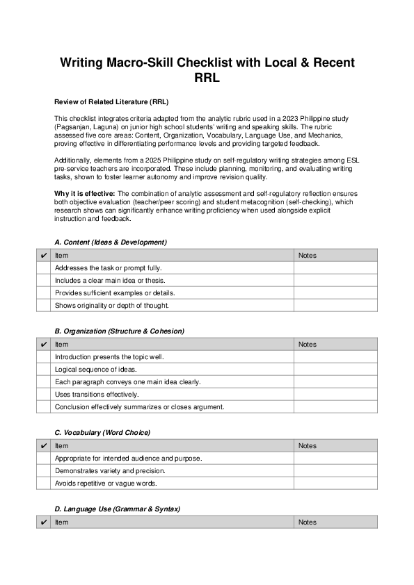 (PDF) Writing Macro-Skill Checklist with Local & Recent RRL Review of ...