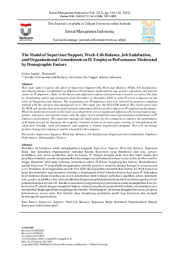 (PDF) The Model of Supervisor Support, Work-Life Balance, Job ...