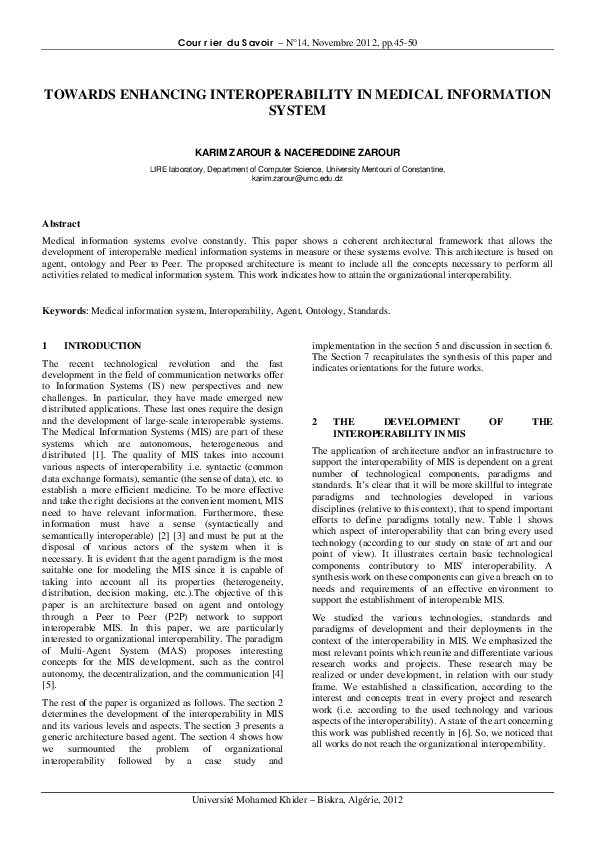 (PDF) Towards enhancing interoperability in medical information systems