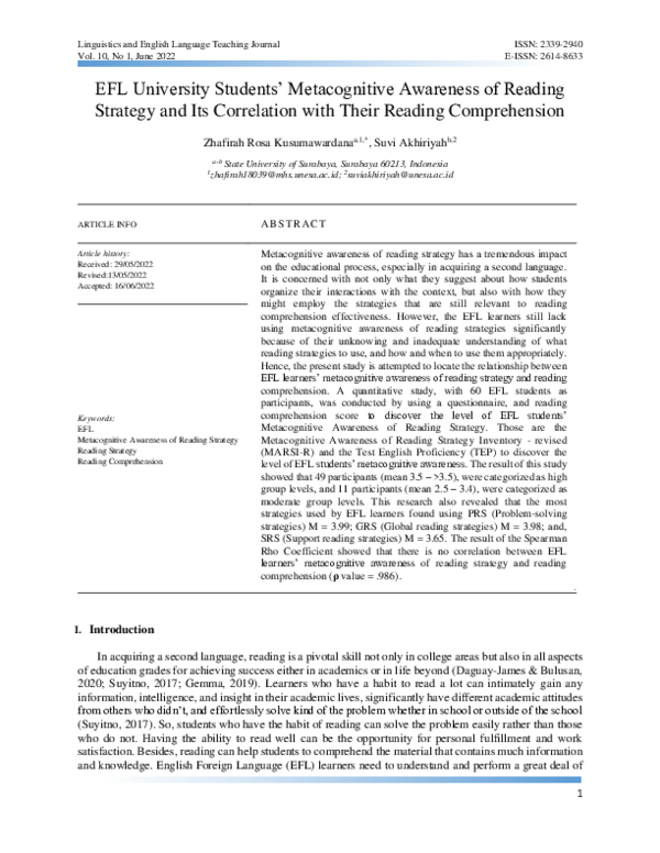 (PDF) EFL University Students’ Metacognitive Awareness of Reading ...