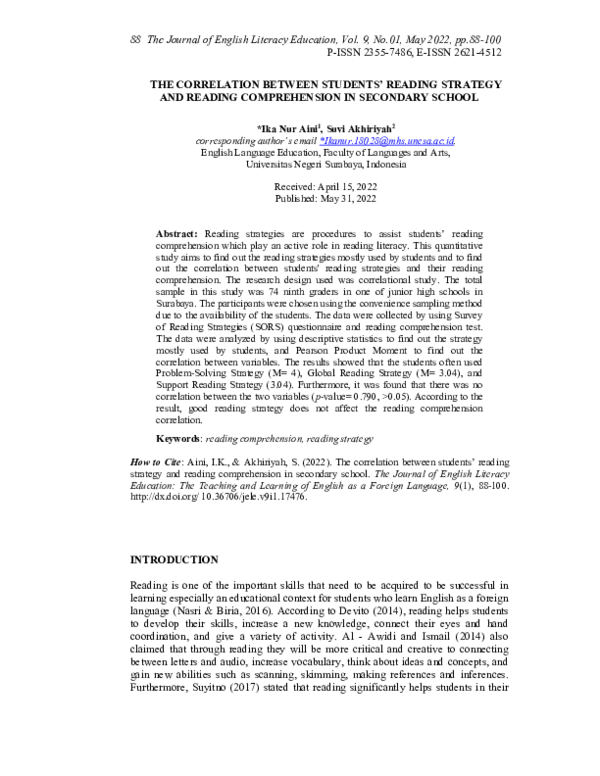 (PDF) The Correlation Between Student’s Reading Strategy and Reading ...