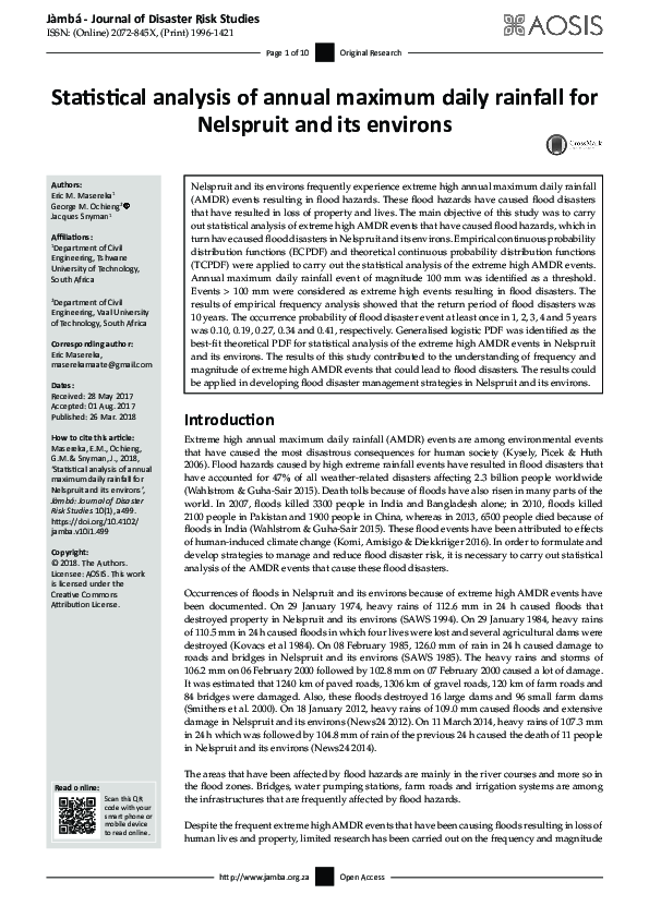 (PDF) Statistical analysis of annual maximum daily rainfall for ...