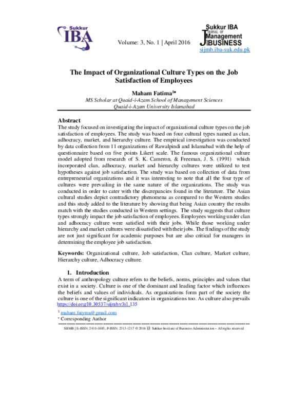 (PDF) The Impact of Organizational Culture Types on the Job ...