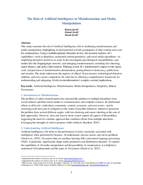 (PDF) The Role of Artificial Intelligence in Misinformation and Media ...