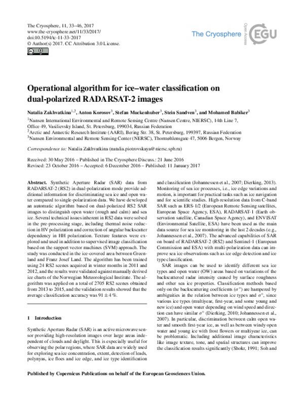 (PDF) Operational algorithm for ice/water classification on dual ...