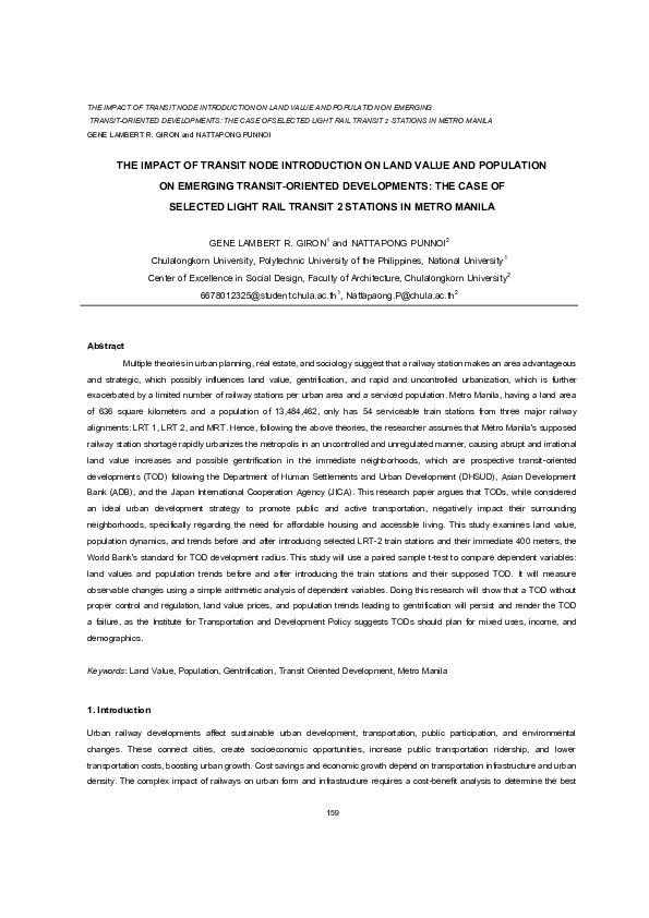 (PDF) THE IMPACT OF TRANSIT NODE INTRODUCTION ON LAND VALUE AND ...