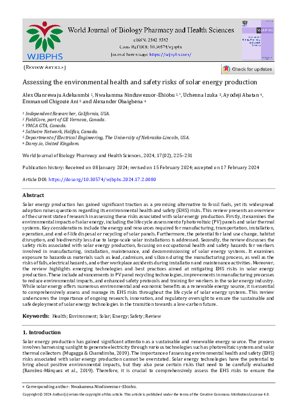 (PDF) Assessing the environmental health and safety risks of solar ...