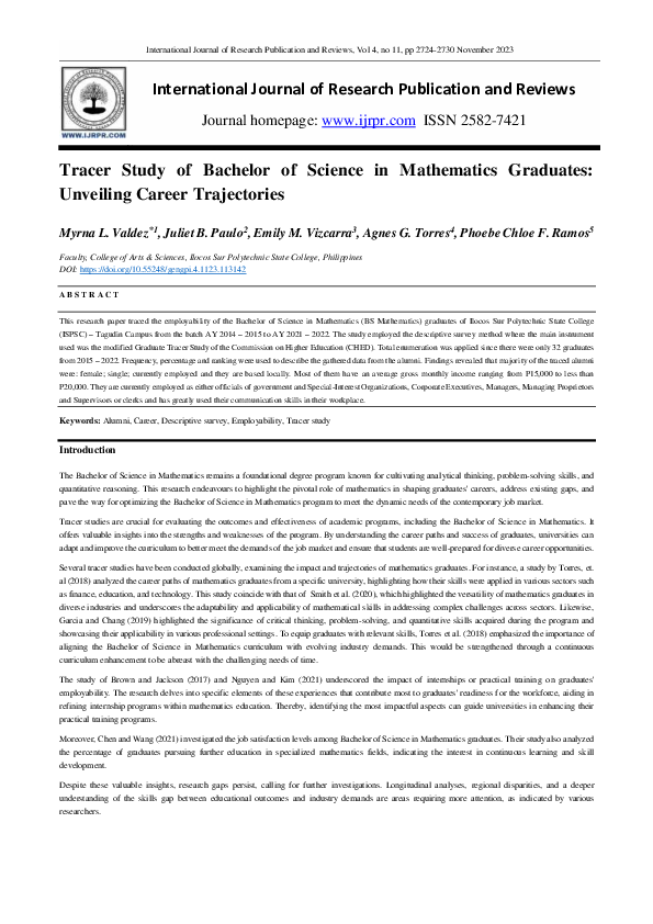 (PDF) Tracer Study of Bachelor of Science in Mathematics Graduates ...