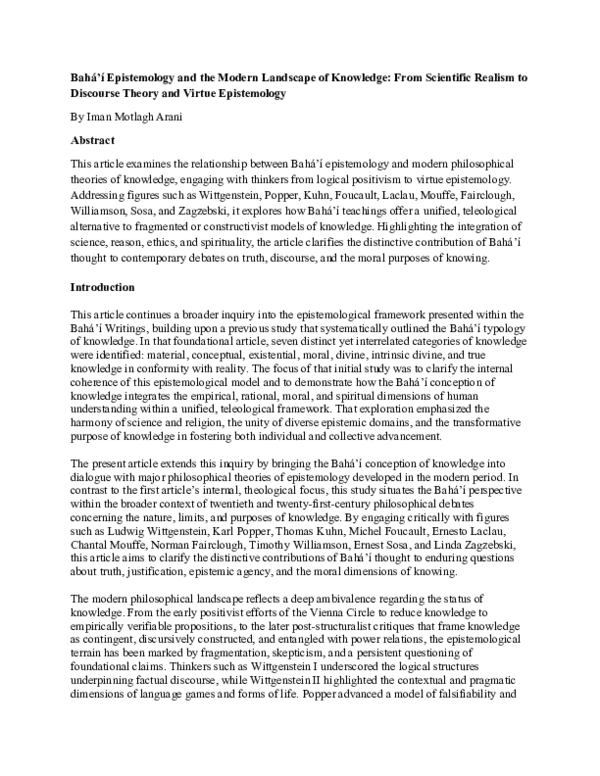 (PDF) Bahá'í Epistemology and the Modern Landscape of Knowledge: From ...