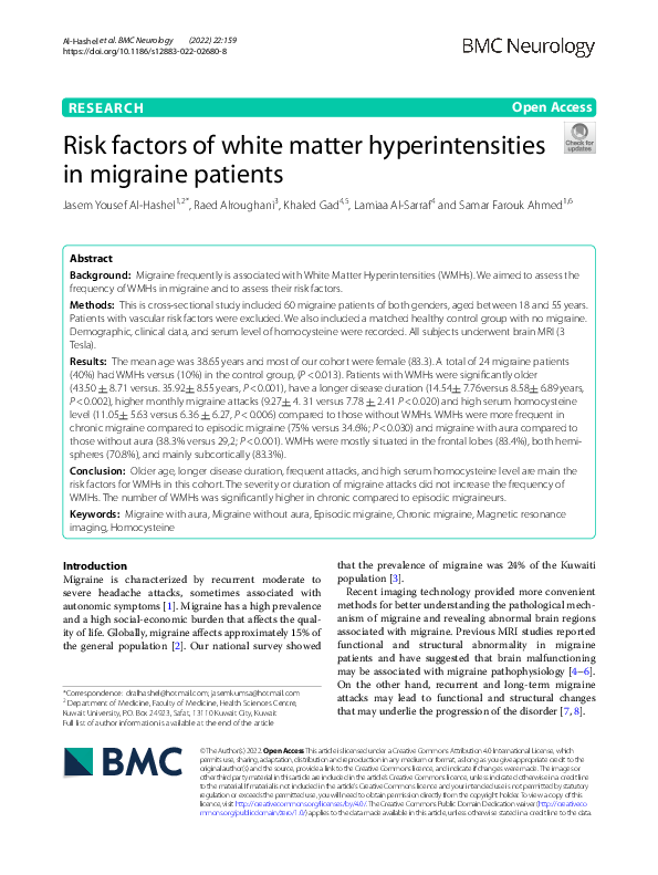 (PDF) Risk factors of white matter hyperintensities in migraine patients