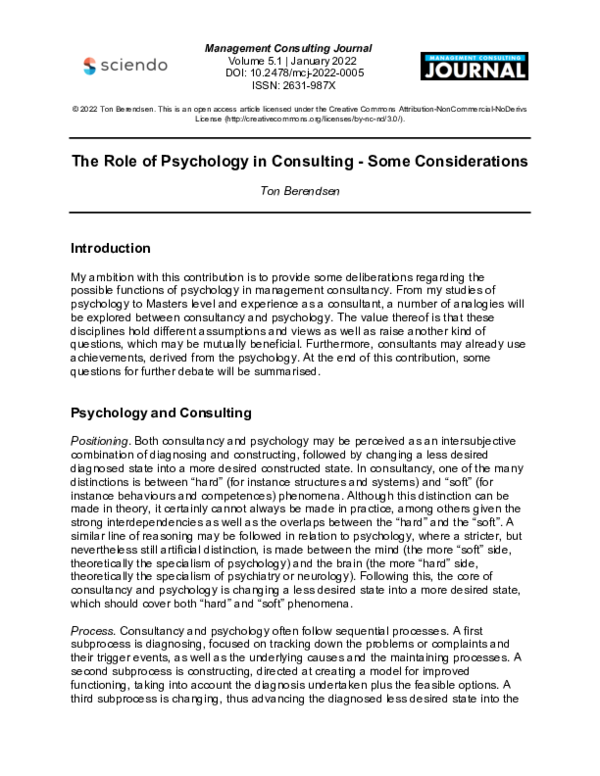 (PDF) The Role of Psychology in Consulting - Some Considerations