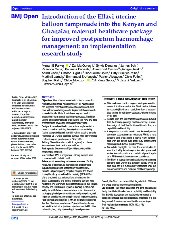 (PDF) Introduction of the Ellavi uterine balloon tamponade into the ...