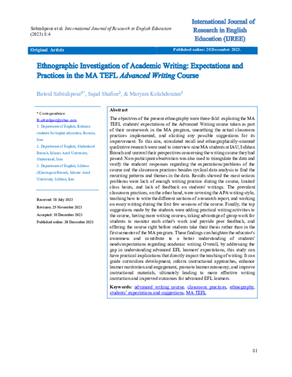 (PDF) Ethnographic Investigation of Academic Writing: Expectations and ...