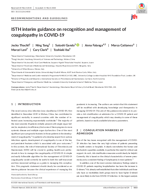 (PDF) ISTH interim guidance on recognition and management of ...