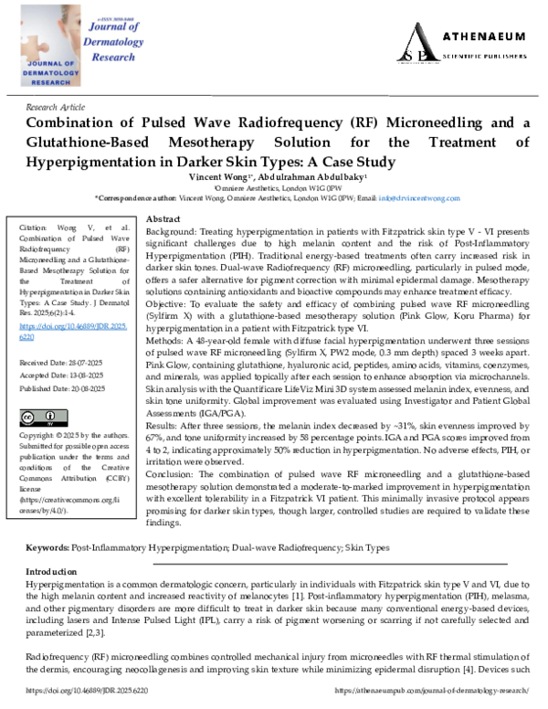 PDF) Combination of Pulsed Wave Radiofrequency (RF) Microneedling and a  Glutathione-Based Mesotherapy Solution for the Treatment of  Hyperpigmentation in Darker Skin Types: A Case Study