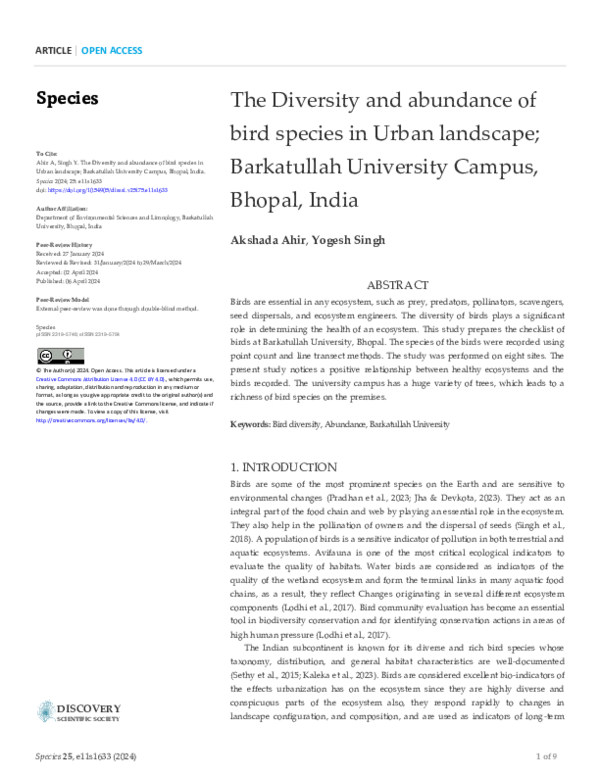 (PDF) The Diversity and abundance of bird species in Urban landscape