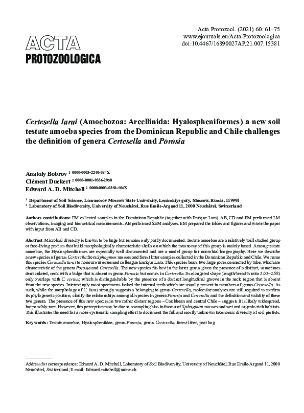 (PDF) Certesella larai (Amoebozoa: Arcellinida: Hyalospheniformes) a ...