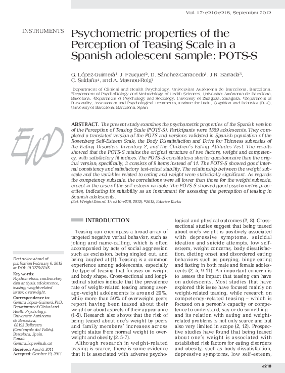 (PDF) Psychometric properties of the Perception of Teasing Scale in a ...