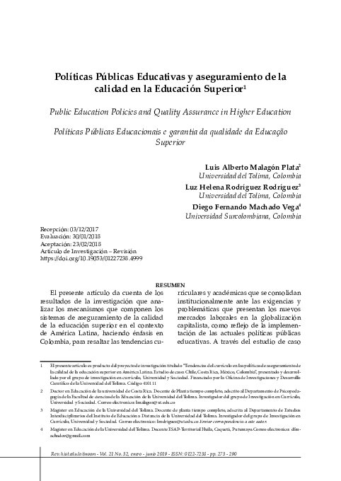 (PDF) Políticas Públicas Educativas y aseguramiento de la calidad en la ...