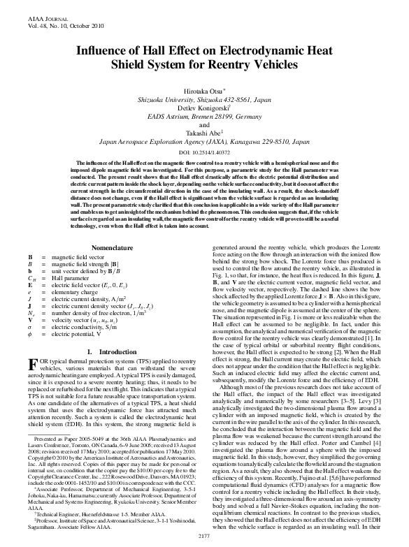 (PDF) Influence of Hall Effect on Electrodynamic Heat Shield System for ...