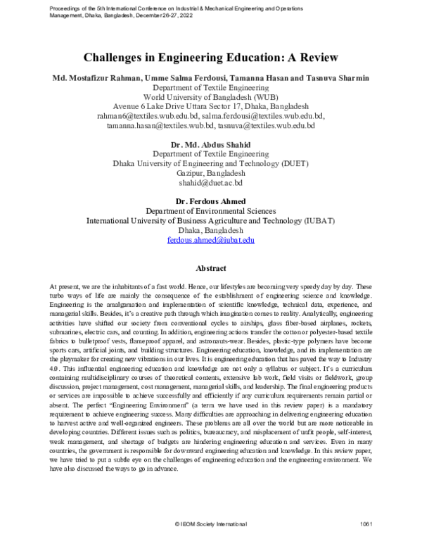 (PDF) Challenges in Engineering Education: A Review
