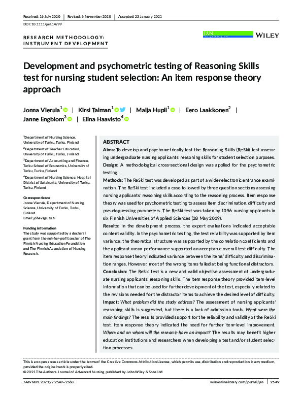 (PDF) Development and psychometric testing of Reasoning Skills test for ...