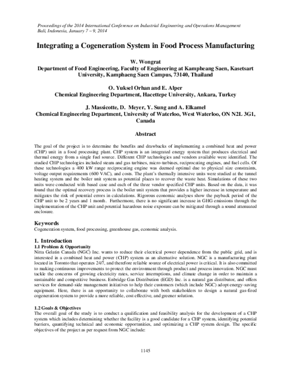 (PDF) Integrating a Cogeneration System in Food Process Manufacturing