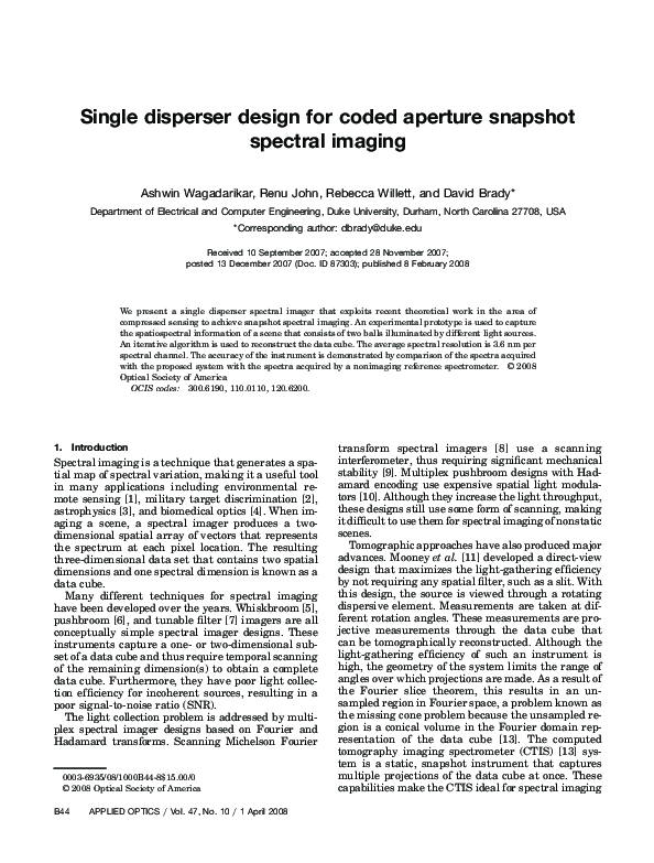 (PDF) Single disperser design for coded aperture snapshot spectral imaging