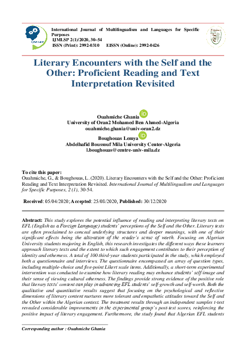 (PDF) Literary Encounters with the Self and the Other: Proficient ...