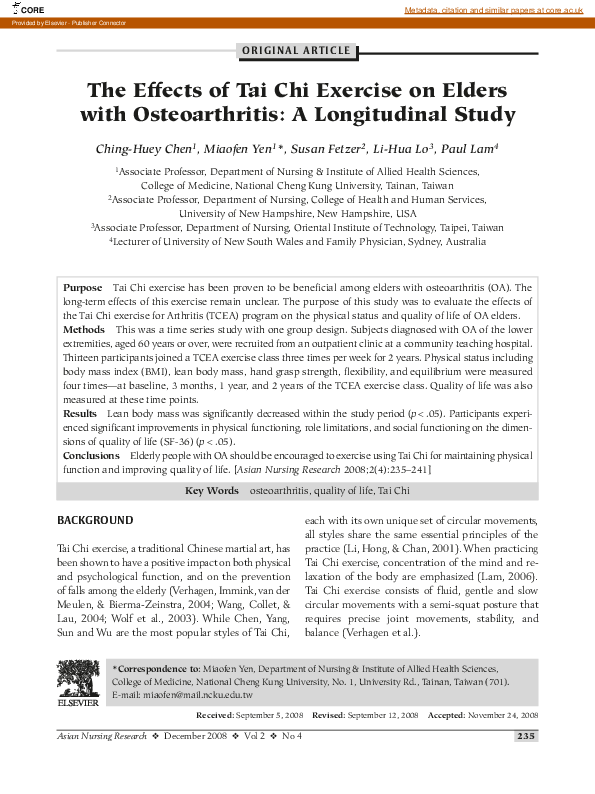 (PDF) The Effects of Tai Chi Exercise on Elders with Osteoarthritis: A ...