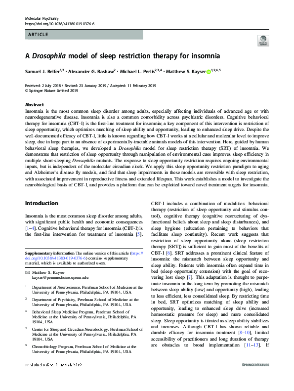 (PDF) A Drosophila model of sleep restriction therapy for insomnia