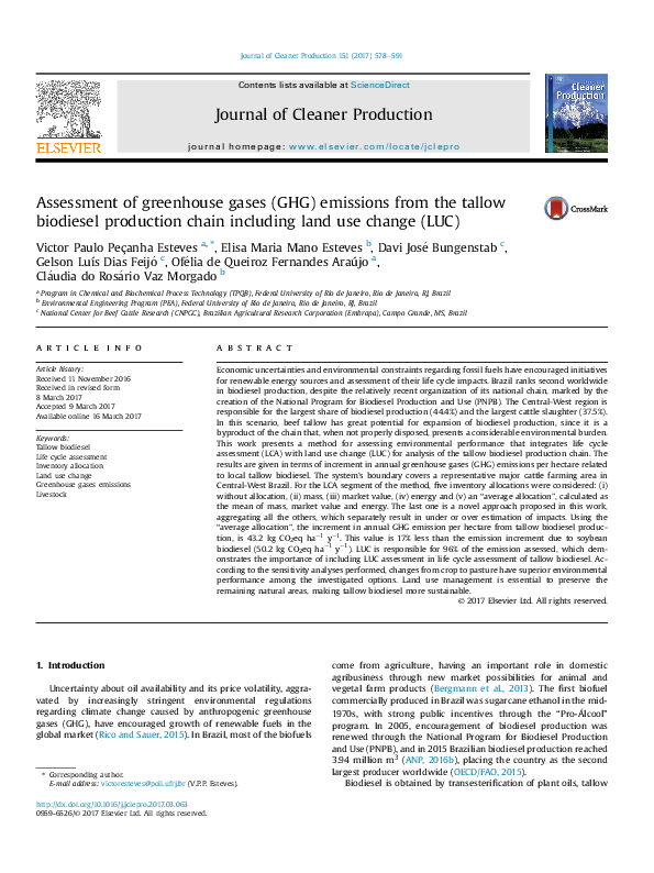 (PDF) Assessment of greenhouse gases (GHG) emissions from the tallow ...