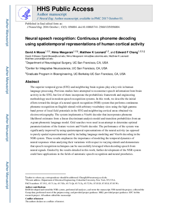 (PDF) Neural speech recognition: continuous phoneme decoding using ...