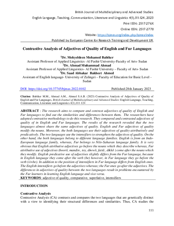(PDF) Contrastive Analysis of Adjectives of Quality of English and Fur ...